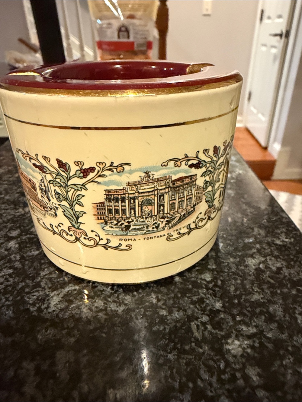 Vintage Cream and Burgundy Ceramic ashtray with Rome Motif